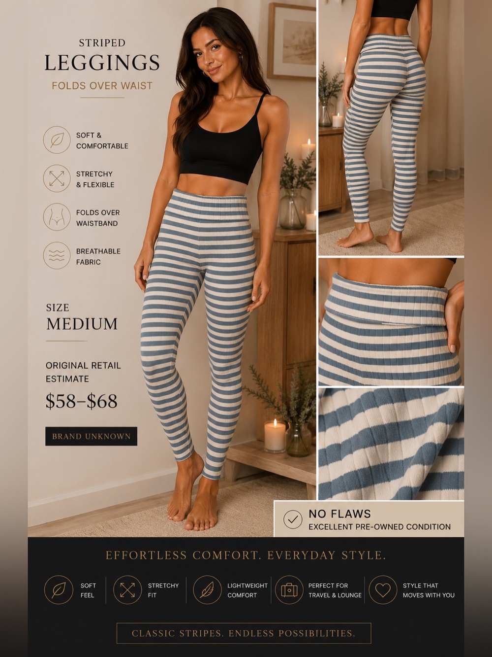 Striped Fold-Over Waist Leggings - Blue & Cream